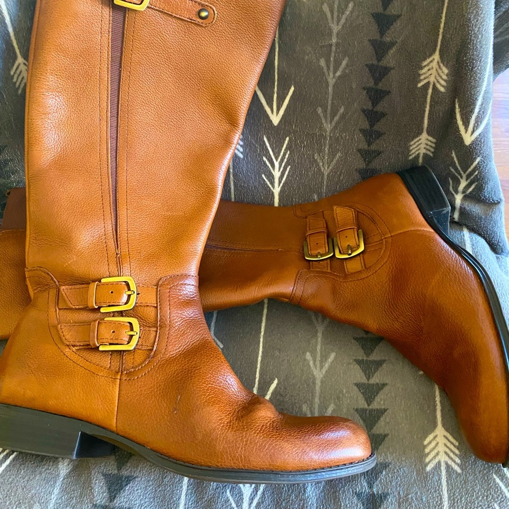 Naturalizer Tan Leather Knee-High Heeled Boots with Buckle Detail